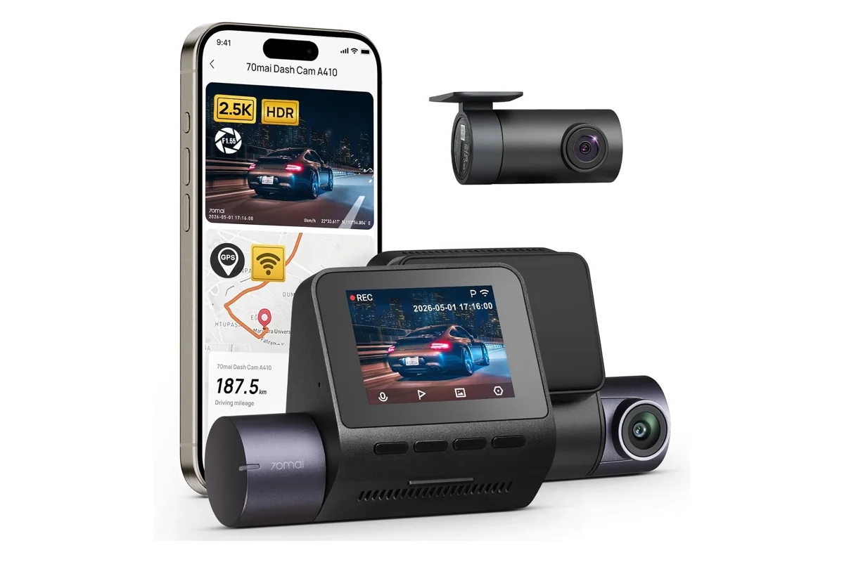 70mai A410-1 dual dash cam with front camera, rear camera and companion app